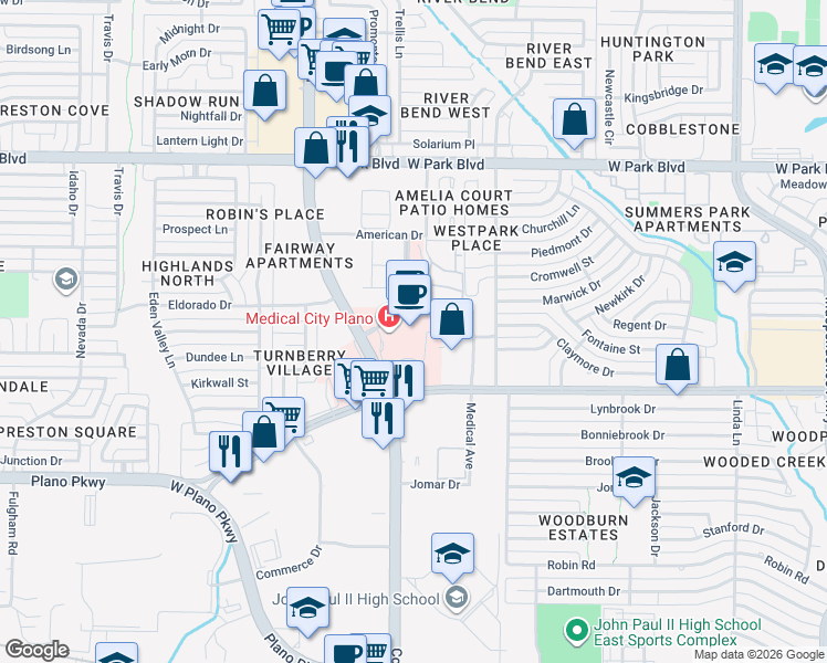 map of restaurants, bars, coffee shops, grocery stores, and more near 3901 West 15th Street in Plano
