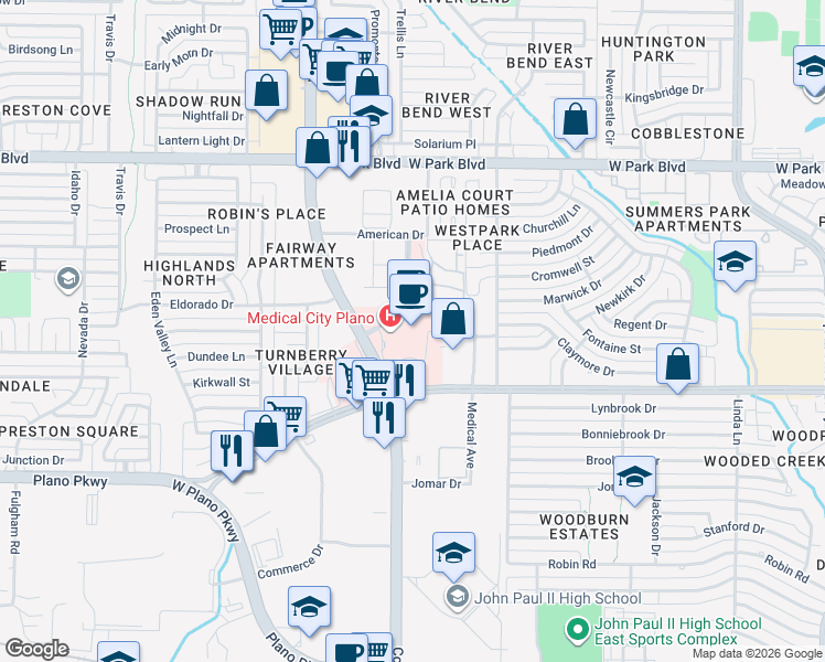 map of restaurants, bars, coffee shops, grocery stores, and more near 3901 West 15th Street in Plano