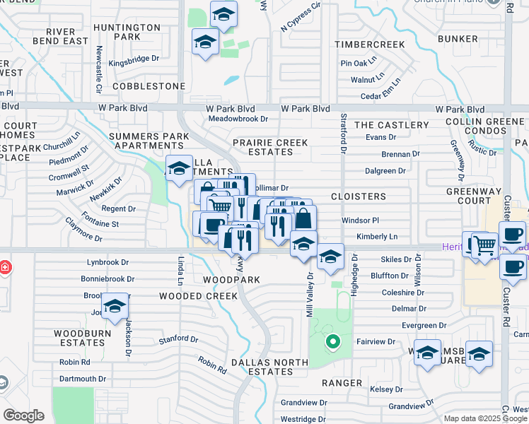 map of restaurants, bars, coffee shops, grocery stores, and more near 2804 Regal Rd in Plano