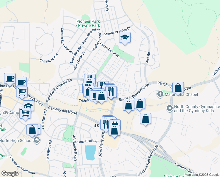 map of restaurants, bars, coffee shops, grocery stores, and more near 10482 Hollingsworth Way in San Diego