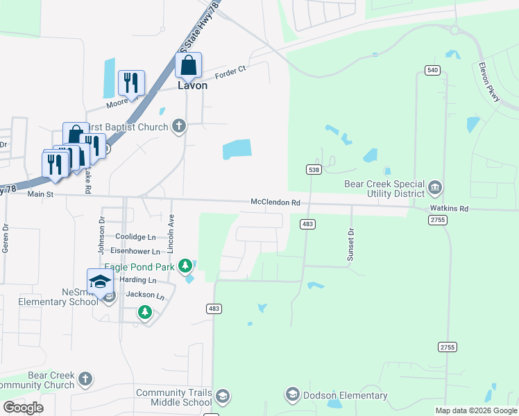 map of restaurants, bars, coffee shops, grocery stores, and more near 215 Tallgrass Drive in Lavon