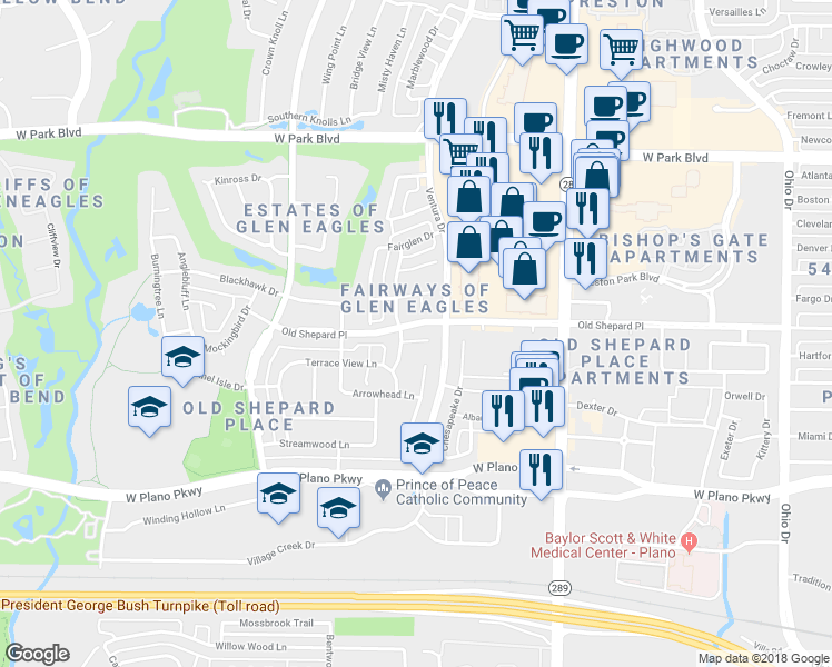 map of restaurants, bars, coffee shops, grocery stores, and more near 5113 Watch Hill Circle in Plano