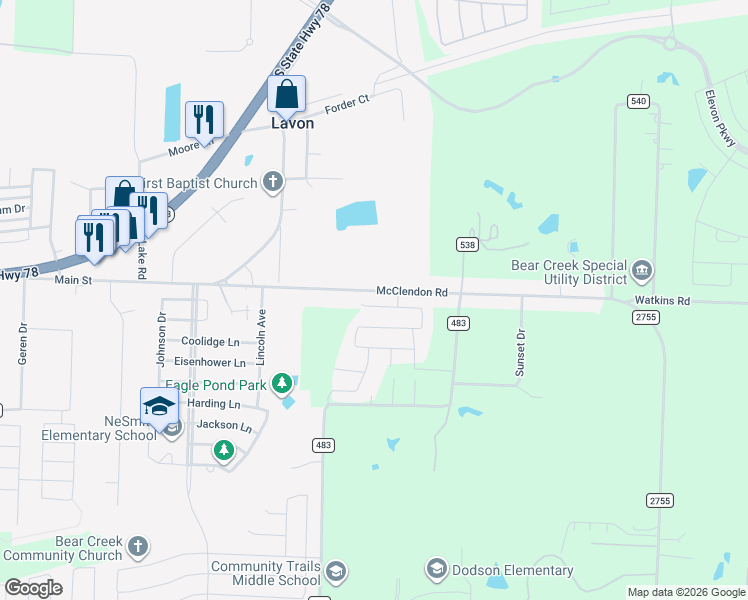 map of restaurants, bars, coffee shops, grocery stores, and more near 215 Tallgrass Drive in Lavon