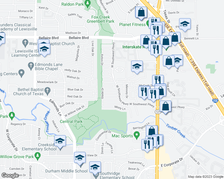 map of restaurants, bars, coffee shops, grocery stores, and more near 412 Ivan Drive in Lewisville