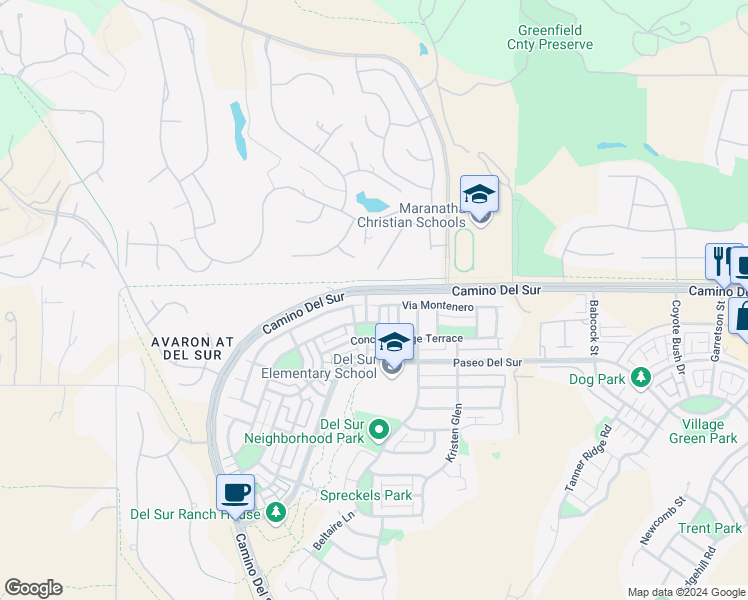 map of restaurants, bars, coffee shops, grocery stores, and more near 15736 Via Montenero in San Diego