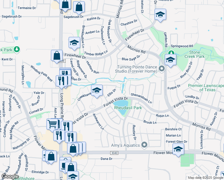 map of restaurants, bars, coffee shops, grocery stores, and more near 2228 Ellis Drive in Flower Mound