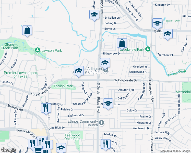 map of restaurants, bars, coffee shops, grocery stores, and more near 2550 South Garden Ridge Boulevard in Flower Mound