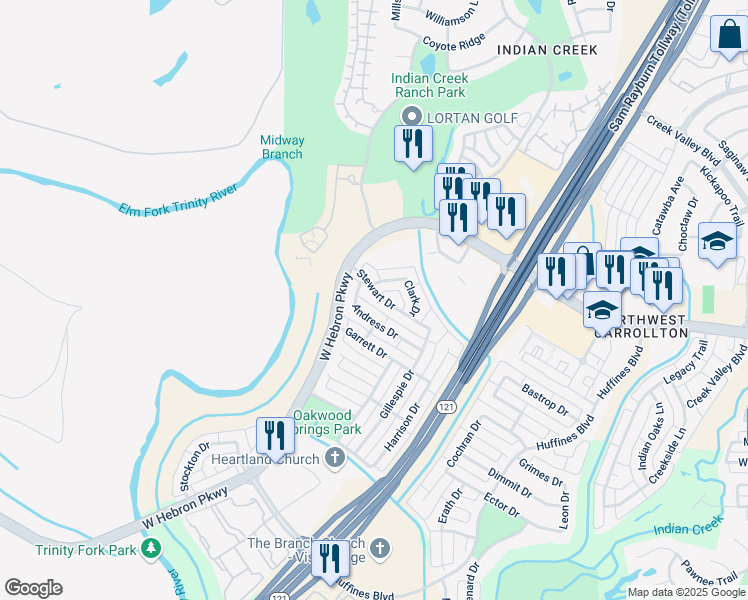 map of restaurants, bars, coffee shops, grocery stores, and more near 1841 Stewart Drive in Carrollton