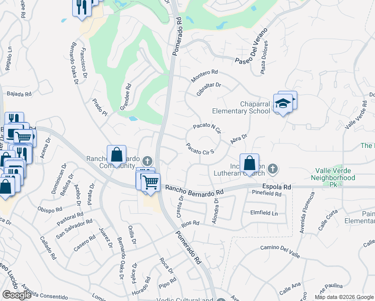 map of restaurants, bars, coffee shops, grocery stores, and more near 12574 Cresta Court in San Diego