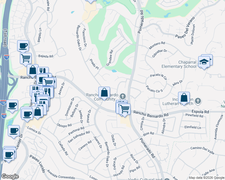 map of restaurants, bars, coffee shops, grocery stores, and more near 12388 Frontera Road in San Diego