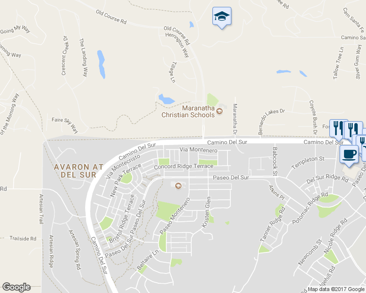 map of restaurants, bars, coffee shops, grocery stores, and more near 16063 Paseo Montenero in San Diego