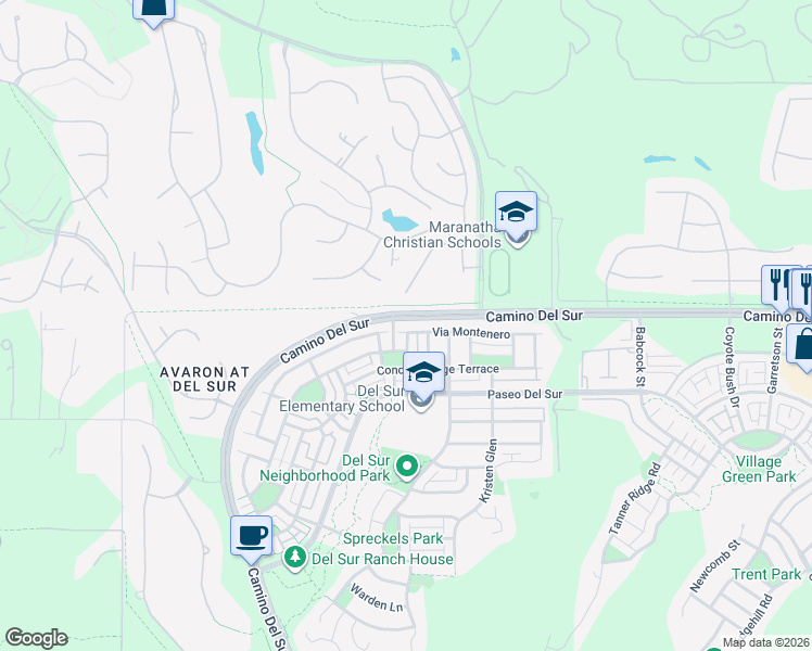 map of restaurants, bars, coffee shops, grocery stores, and more near 16069 Wayne Hill in San Diego