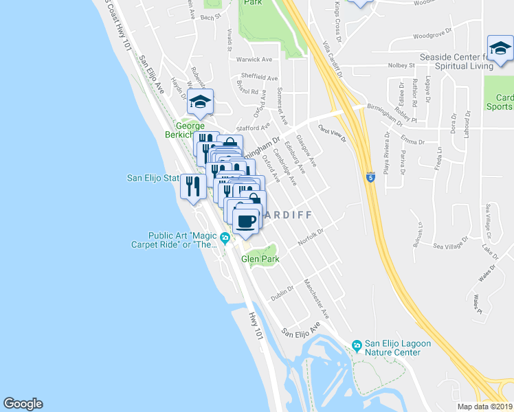 map of restaurants, bars, coffee shops, grocery stores, and more near 2150 Manchester Avenue in Encinitas
