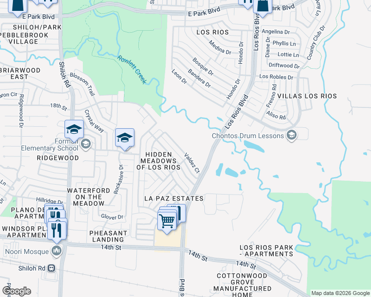 map of restaurants, bars, coffee shops, grocery stores, and more near 3945 Valdez Court in Plano