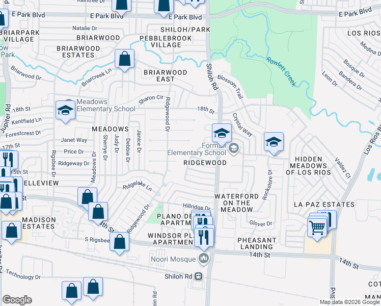 map of restaurants, bars, coffee shops, grocery stores, and more near 3501 Gatewood Lane in Plano