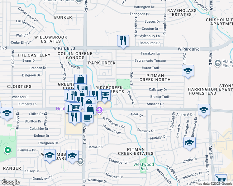 map of restaurants, bars, coffee shops, grocery stores, and more near 1625 Hardman Lane in Plano
