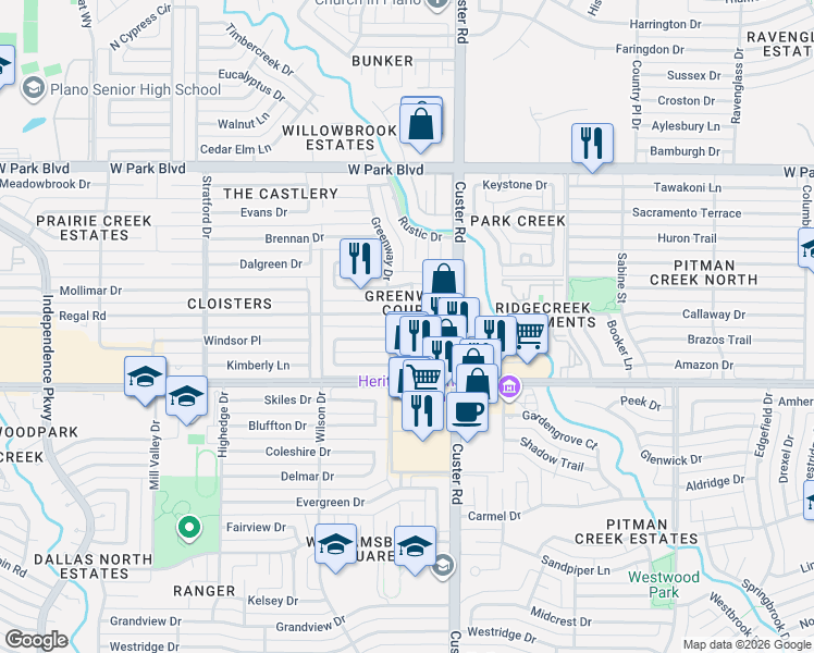 map of restaurants, bars, coffee shops, grocery stores, and more near 1616 Amber Lane in Plano