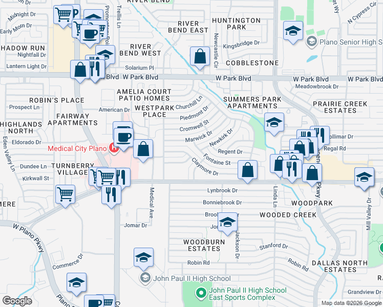 map of restaurants, bars, coffee shops, grocery stores, and more near 3600 Westview Lane in Plano