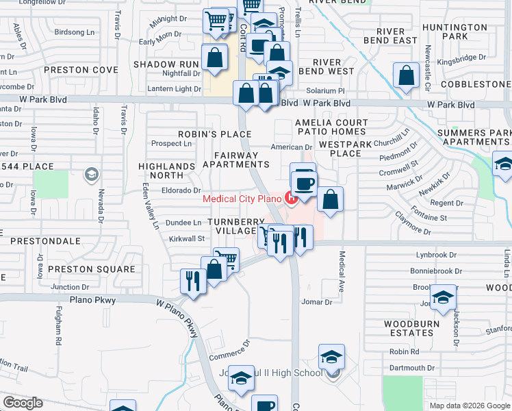 map of restaurants, bars, coffee shops, grocery stores, and more near 1604 Commerce Drive in Plano