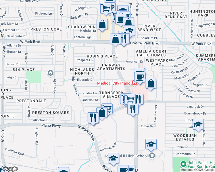 map of restaurants, bars, coffee shops, grocery stores, and more near 4073 Olympic Court in Plano