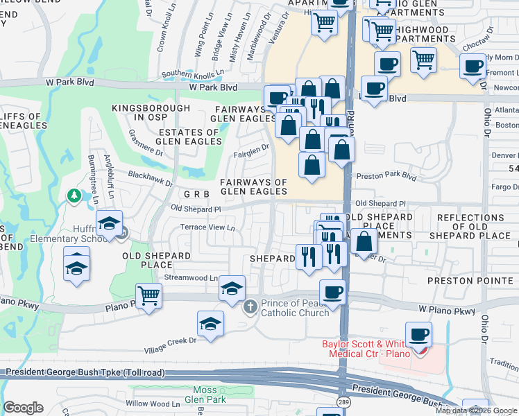 map of restaurants, bars, coffee shops, grocery stores, and more near 5113 Watch Hill Circle in Plano