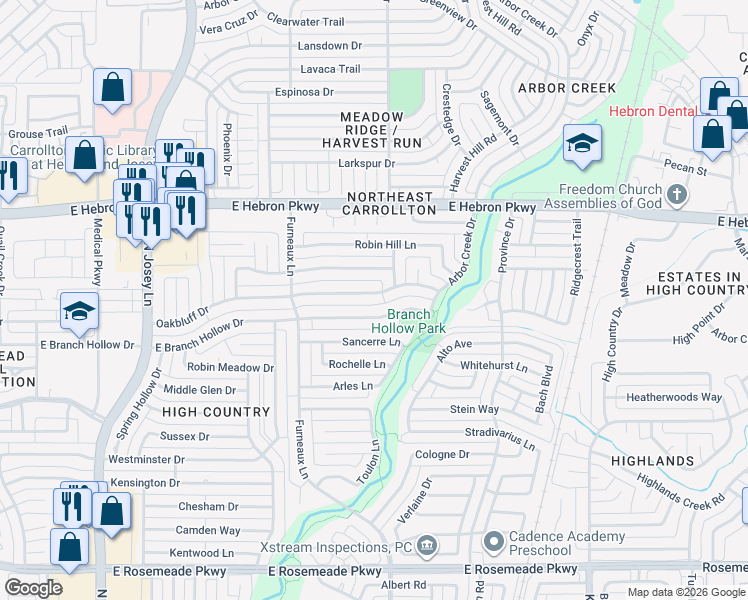 map of restaurants, bars, coffee shops, grocery stores, and more near 2033 East Branch Hollow Drive in Carrollton