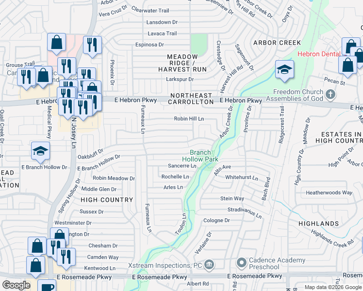 map of restaurants, bars, coffee shops, grocery stores, and more near 2021 East Branch Hollow Drive in Carrollton