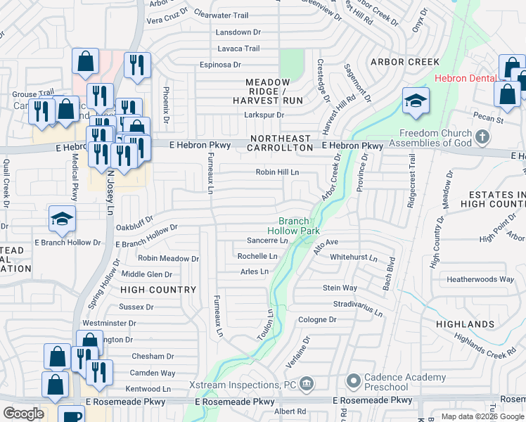 map of restaurants, bars, coffee shops, grocery stores, and more near 2021 East Branch Hollow Drive in Carrollton