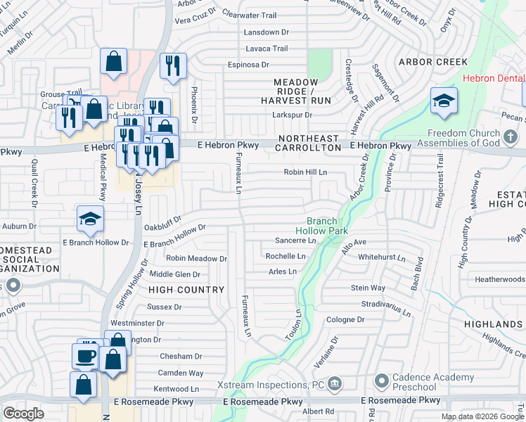 map of restaurants, bars, coffee shops, grocery stores, and more near 2007 East Branch Hollow Drive in Carrollton