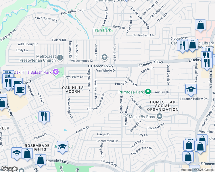 map of restaurants, bars, coffee shops, grocery stores, and more near 1461 East Branch Hollow Drive in Carrollton