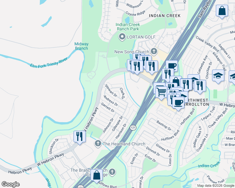 map of restaurants, bars, coffee shops, grocery stores, and more near 1841 Stewart Drive in Carrollton