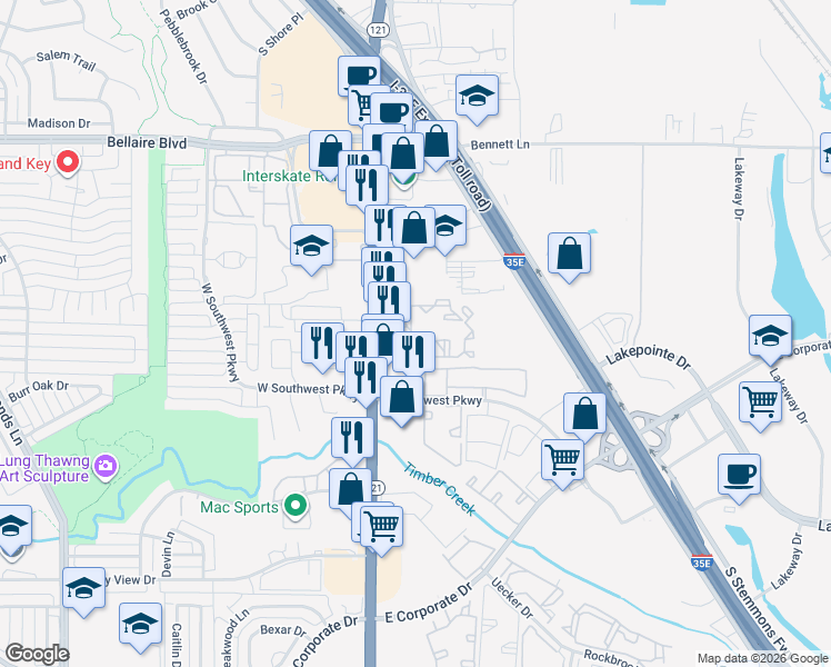 map of restaurants, bars, coffee shops, grocery stores, and more near 1680 Texas 121 in Lewisville