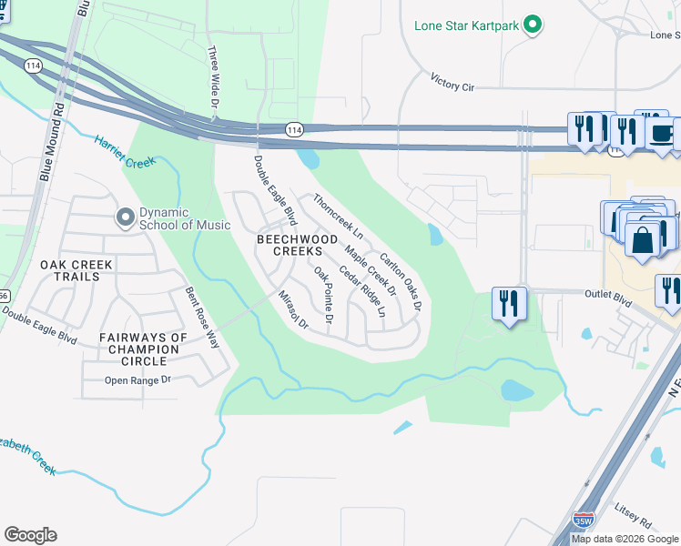 map of restaurants, bars, coffee shops, grocery stores, and more near 2824 Cedar Ridge Lane in Fort Worth