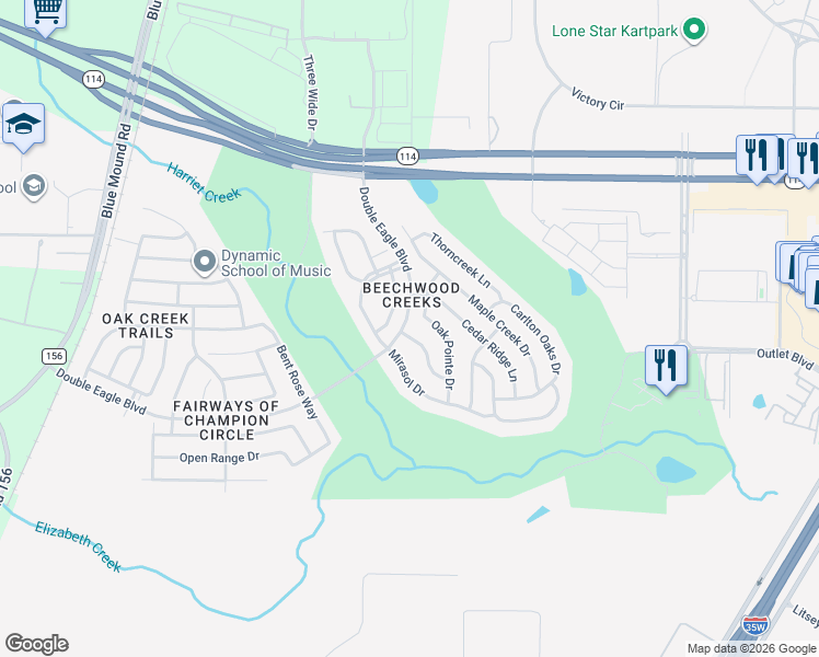 map of restaurants, bars, coffee shops, grocery stores, and more near 2700 Albatross Lane in Fort Worth