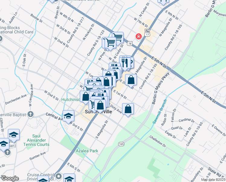 map of restaurants, bars, coffee shops, grocery stores, and more near 137 North Main Street in Summerville