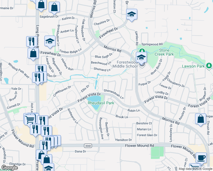 map of restaurants, bars, coffee shops, grocery stores, and more near 2605 Southwestern Drive in Flower Mound