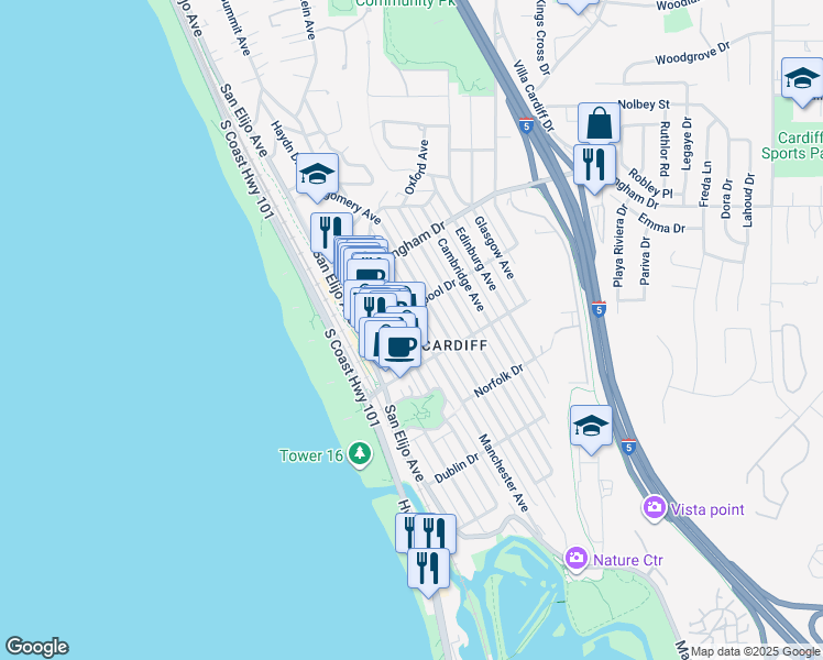 map of restaurants, bars, coffee shops, grocery stores, and more near 2134 Manchester Avenue in Encinitas