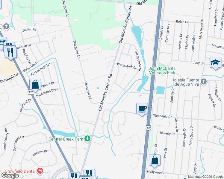 map of restaurants, bars, coffee shops, grocery stores, and more near 209 Ibis Lane in Goose Creek
