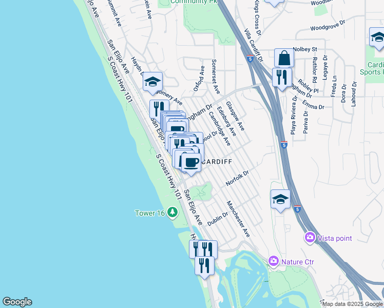 map of restaurants, bars, coffee shops, grocery stores, and more near 2150 Manchester Avenue in Encinitas