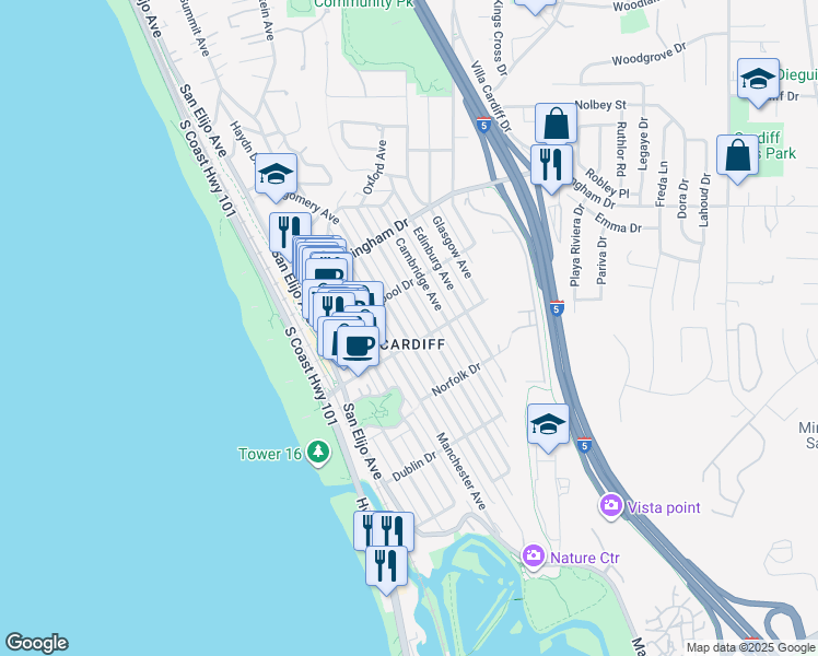 map of restaurants, bars, coffee shops, grocery stores, and more near 2167 Montgomery Avenue in Encinitas
