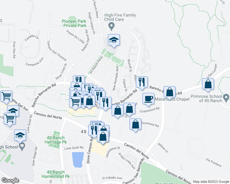 map of restaurants, bars, coffee shops, grocery stores, and more near 16943 New Rochelle Way in San Diego