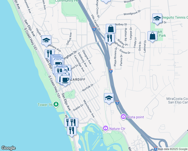 map of restaurants, bars, coffee shops, grocery stores, and more near 2263 Edinburg Avenue in Encinitas