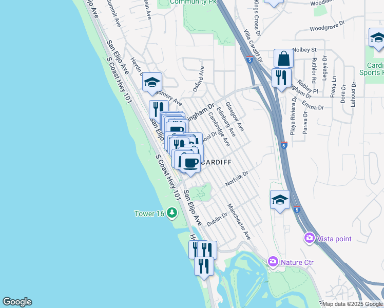 map of restaurants, bars, coffee shops, grocery stores, and more near 2150 Manchester Avenue in Encinitas