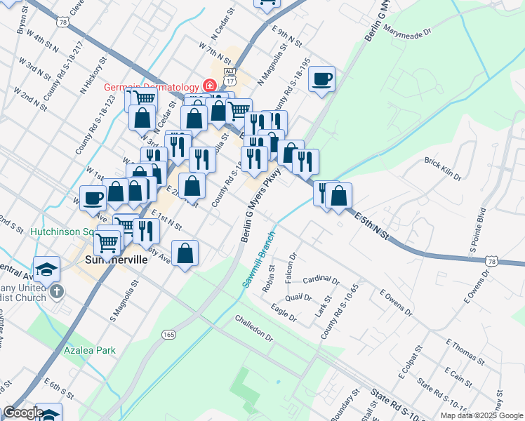 map of restaurants, bars, coffee shops, grocery stores, and more near 305 County Road S-18-648 in Summerville