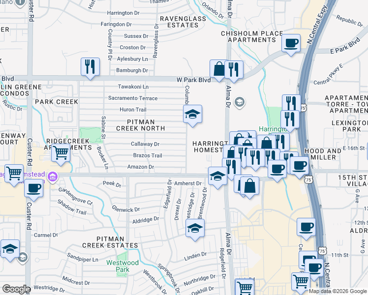 map of restaurants, bars, coffee shops, grocery stores, and more near 1401 Brazos Trail in Plano