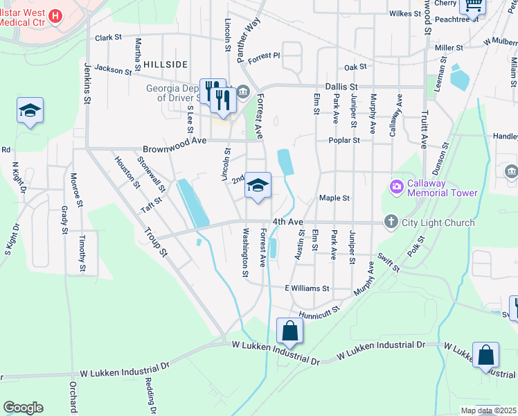 map of restaurants, bars, coffee shops, grocery stores, and more near 1200 Forrest Avenue in LaGrange