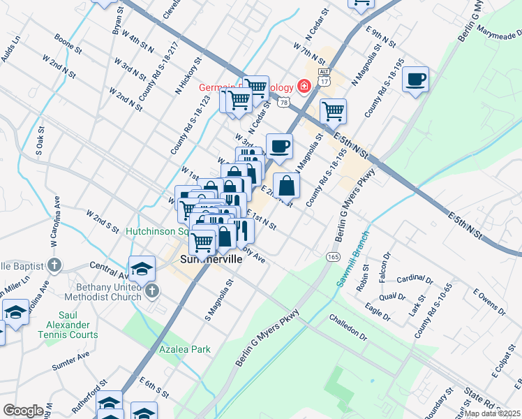 map of restaurants, bars, coffee shops, grocery stores, and more near 137 North Main Street in Summerville