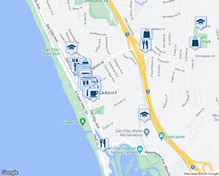 map of restaurants, bars, coffee shops, grocery stores, and more near 2172 Oxford Avenue in Encinitas