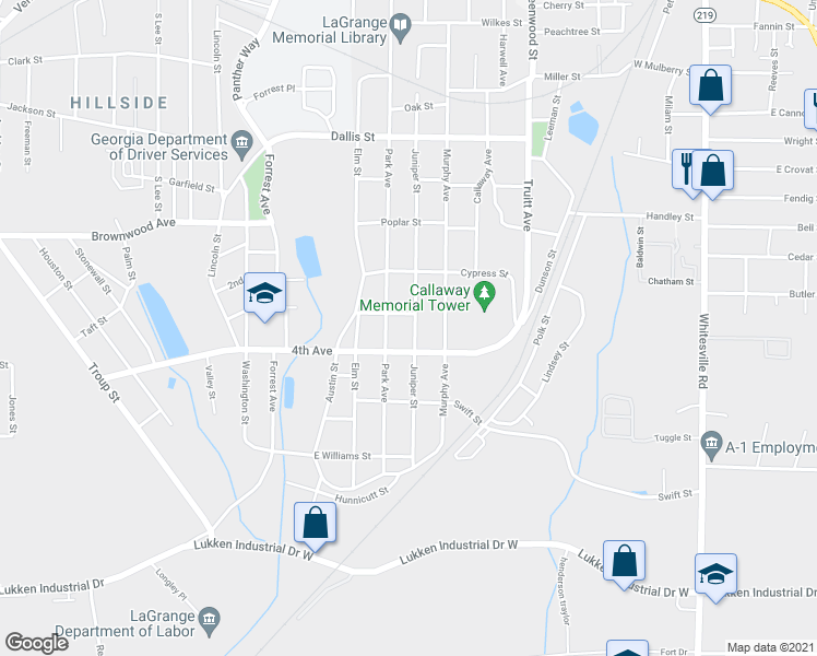 map of restaurants, bars, coffee shops, grocery stores, and more near 1202 Juniper Street in LaGrange