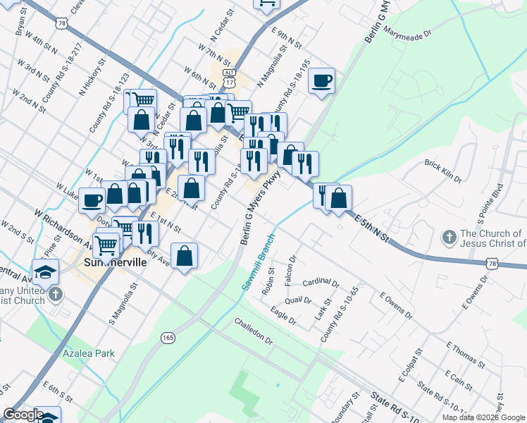 map of restaurants, bars, coffee shops, grocery stores, and more near 305 County Road S-18-648 in Summerville